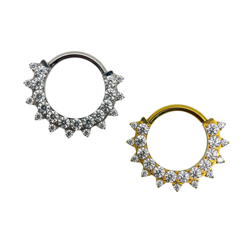 Titāna priekšā vērsts divu rindu apaļš dārgakmens gredzens